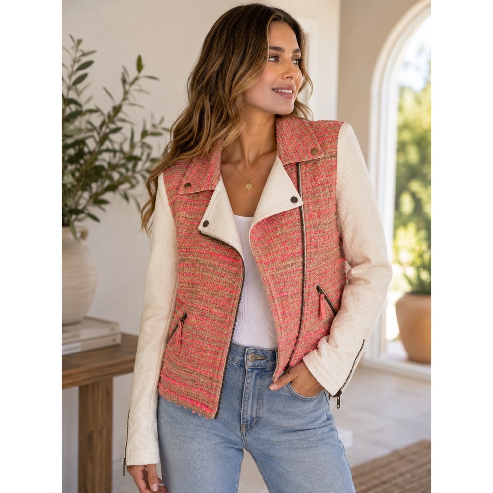 Elevenses Anthropologie Tweed Moto Jacket Pink Orange Cream Asymmetric Zip Sz 2